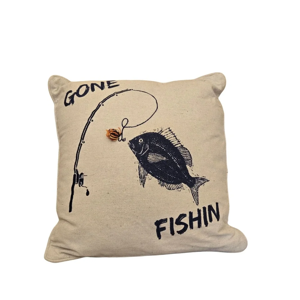Gone Fishin Throw Pillow Screen Print Recycled Cotton Canvas